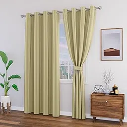 Top Drapes 80-90% Blackout Window Curtains with Tie Back 5 feet 2 Pcs | Room Darkening, Thermal Insulated, Noise Reducing Heavy Polyester Solid Curtains (Beige Colour)-picture-10