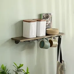 Ellementry Aaron Wooden Wall Shelf with 5 Hooks | Home Decor Items | Wall Mounted Book Shelf| Shelves for Living Room/Kitchen/Bedroom Decoration | Floating Wall Shelves | Hanging Wall Mount Display-picture-17