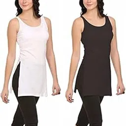 kamini Women's Cotton Blend Solid Regular Fit Cami Shirt | Roundneck Camisole (Black/White) (Long Camisole Blk,White-P)-picture-26
