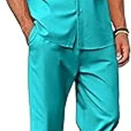 tysort Men 2 Piece Cotton Cuban Collar Button Down Shirt Casual Loose Pant Sets,Cord Set For Men-picture-51