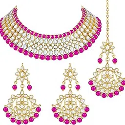 peora Gold Plated White Pearl Kundan Choker Necklace with Earring Maang Tikka Traditional Jewellery Set for Women-picture-25