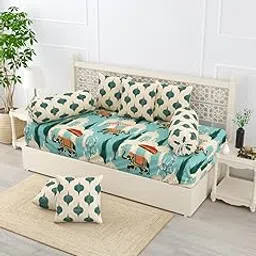 EVER HOME Diwan Set Covers Pure Cotton Digital Printed Standard 8 Pieces Diwan Set Covers (1 Single Bedsheet, 2 Bolster Covers, 5 Cushion Covers) (Green)-picture-11