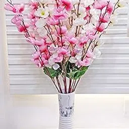artsy Artificial Flowers Bunch for Decoration Cherry Blossom, Ideal for vase, Home, Office Decor, Gifts, Craft, Artificial Plants for Decoration, Without vase, White Pink, Combo, 2 Pieces-picture-21