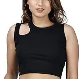 fasska Women's & Girl's Ribbed Sleeveless Cut Out Crop Top Slim Fit Asymmetrical Neck Tank Top-picture-16