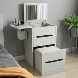 KOHINOOR DECOR Nordic Flip Top Modern and Expandable Corner Makeup Vanity with Stool & Flip Mirror | HDHMR Wood Dressing Table with Storage Drawer (Color - White)-picture-15