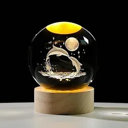 SS Products 3D Crystal Ball Night Light | Dimmable Engraved Dolphin Moon LED Glass Ball Table Lamp with USB and Wooden Base for Home Decor, Office, Birthday Gift, Housewarming & Valentine Gifts.-image-0
