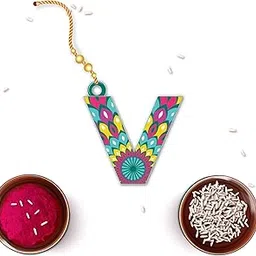 bhai please Alphabet V - Name Letter Lumba Rakhi for Bhabhi, Sister in Law | Set of 1 pc with Roli/Kumkum| Kids, Girls Designer, Fancy, Fun, Movie Wooden Rakhi Set| with Raksha Bandhan Greetings-picture-40