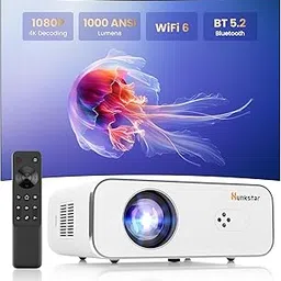 HUNKSTAR Mini Projector, 4K Support Projector with Wifi 6 and Bluetooth 5.2, 1000 ANIS Portable HD1080P Home Video Projector with Auto Focus, Suitable for Family Gatherings, Various Festivals (White) image 1