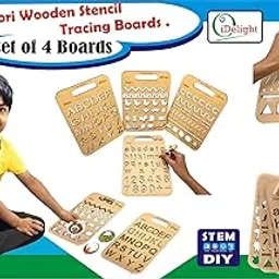 OiDelight Montessori Wooden Stencil Boards Set of 4. Tracing Kit for Alphabet Letters, Shapes, Numbers, Patterns, Lines, Zig-Zags, Waves, Spirals and Shapes, Large and Small Letters.-picture-54