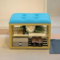 EASY CRAFTS Modern Storage Bench with Gold Metal Frame, Tufted Blue Velvet Cushion, 2-Tier Shelving Unit for Entryway, Living Room (Blue)-picture-25