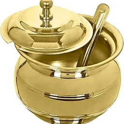 KC Golden Brass Multipurpose Ghee Pot/Pickle Container 400 ML with Embossed Designer Spoon-picture-21