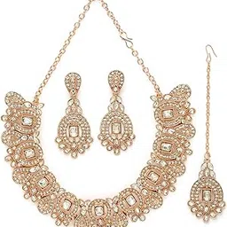 sukkhi Creative Gold Plated AD Stone Collar Bone Necklace Set With Earring And Maangtika | Jewellery Set For Women (NS105699)-picture-35