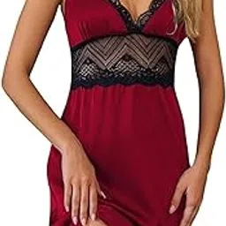 Satin Net Babydoll Lingerie for Women V-Neck Lace Chemise Nightgown, Honeymoon Sleepwear & Slip Dress Nighty-image-8