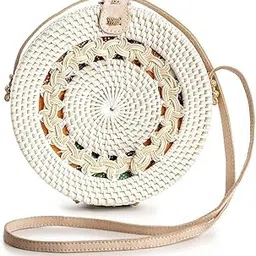 ecovcraft Handmade Bamboo Woven Bag for Women – Round Boho Bali Rattan Purse with White Pattern – 7.75" Circle Wicker Handbag – Summer Beach Shoulder Bag image 1
