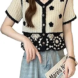 icw Women's Boho Knitted V-Neck Crochet Hollow Out Short-Sleeve Button Up Crop Top Shirt Dn72022-picture-10