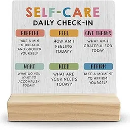 Sarvada Decor Mental Health Desk Decor, Inspirational Self Care Daily Check In Wooden Plaque with Wood Stand for Therapy Office & Home Counseling Table Décor-image-11