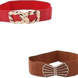 Women Cotton Waist Belts | Elastic Stretchy Wide Belts for Dress, Coat, Jumpsuit | Combo Pack of 2 (Brown and Red) (KnS627)-image-8