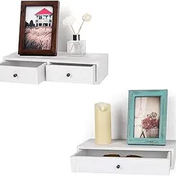 W00YNEX Floating Shelves with Drawers: Wood Wall Shelves/Cabinets for Storage and Exhibition; Doubles as a Bedside or Nightstand Set of 2 in Vintage- White (White a)-image-4