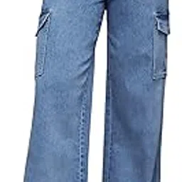 Women's Wide-Leg High-Rise Regular-Length Stretchable Flared Cargo Style Denim Jeans-image-94