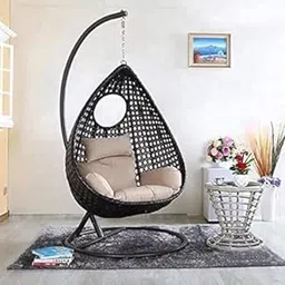 Single Seater Swing Chair with Stand & Cushion Outdoor Indoor Balcony Garden Patio,Powder Coated Frame,UV Protected Wicker,Cushion (Swing-Black/Cushion-Beige)-picture-26