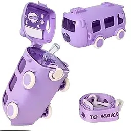 Kids Bus Water Bottle with Straw & Strap, Leakproof, BPA-Free, Use for School & Outdoor Use, Durable, Lightweight & Kid-Friendly Bottle for School, Travel & Daily Use (Purple Colour)-picture-31