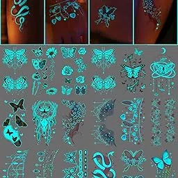 MAYCREATE® 20 Sheets Temporary Tattoos for Women Girls Glow In The Dark Butterfly Tattoo Stickers Luminous Flower Wings Fake Tattoo Sticker Art Makeup Waterproof for Face, Body Arm, Party Favors-picture-18