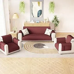 Lukzer 5 Seater Quilted Stipple Maroon Sofa Cover Mat with Storage Side Pocket 3+1+1 Seater | 350 GSM Polyester Blend Full Coverage with Arms & Back Belt | Machine Washable Sofa Runner (SC-209-05)-image-0
