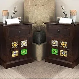 PARSHANT ART Solid Sheesham Wood Bedside Table for Bedroom | Wooden Bed Side Nightstand Table with Multicolor Tiles, Drawer & Door Storage | Night Stand Lamp Holder for Home | Walnut (Set of 2)-picture-26