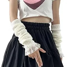 myaddiction Arm Warmers Thumb Hole Gloves Winter Knitted Mittens Fashion for Women Girls white lace-picture-33