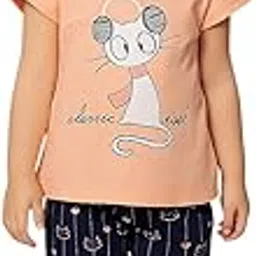 highlight collection Baby Girls Cotton Printed Classic Cat Cool Round Neck Half Sleeve T-Shirt with Pant-picture-53