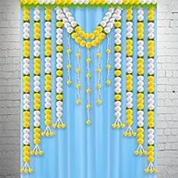 Dhara Blue Curtain WIth Hanging Flower Backdrop Cloth for Pooja Decoration - 8ft x 5ft, Ideal for Pooja, Religious Ceremonies, and Home Decor. Washable Fabric-picture-60