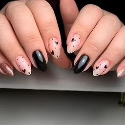 Set Of 14Pc, Glossy Almond Press On Nails | Black & Nude Heart Pattern | Reusable Artificial Nails for Women & Girls | Short Length With Free Glue Kit-picture-39