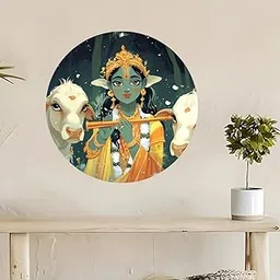 Round krishna mdf wall decor | Circle wooden kanhaiya home decor' | Decorative Krishna Design Art for Home & Office | Painting for Entryway, Hall & Living Room | Spiritual Wall Decor (ST-6)-picture-18