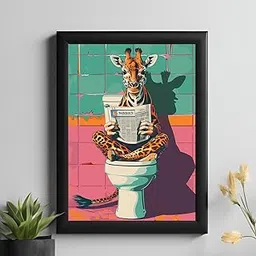 Master Flame Animal Pop Art Aesthetic Wall Art Poster for Cafe, Restaurants, Hotels, Living Room, Home & Wall Decor (Frame/Frameless) (Giraffe Bathroom APA-10, A4, Framed)-picture-34