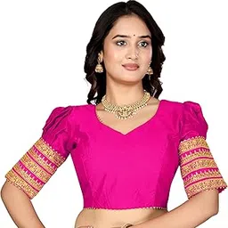 Aarzoo Couture Designer Readymade Blouse, Pink Raw Silk with Gold Zari Embroidered Sleeves, Traditional Indian, V-Neck Crop Top Style-picture-64