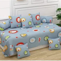 BREVARD 160 TC Glace Cotton 8 Pieces Diwan Set Including 1 Bedsheet, 5 Cushion Covers & 2 Bolster Covers, Grey Cartoon-picture-13