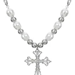 sannidhi Crystal Cross Necklace for Women Girls, Big Pearl Stainless Steel Beads Necklace Choker, Cool Punk Cross Pendant Bling Chain Jewellery Gifts - Silver-picture-56
