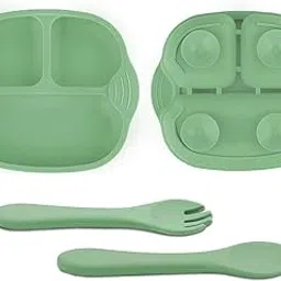 TONY STARK Newborn Essentials Baby Feeding Set, Suction Plate Set for Toddlers, Babies, Kids Plates for Food with Spoon Fork, Silicone Set (Green)-image-43