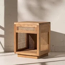 OCTANGLE Wooden Nightstand for Bedroom -Rattan End Table with Drawer and Open Shelf Storage - Sheesham Wood Bedside Table (Teak Finish)-image-5