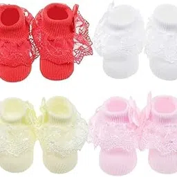 tradehub Baby Girls Socks Eyelet Ruffle Lace Sock Baby Ankle Length Socks Newborn/Infant/Toddlers Frilly Summer Thin Dress Sock- Pack Of 4-picture-59