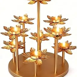 Auslese Robotics Golden Lotus Metal 9 Tier Tea Light Candle Holder Diya Stand for Home Temple Pooja Room Festival Decoration Diwali Gift & Showpiece-picture-28