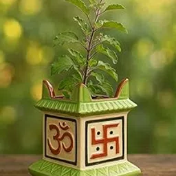 YUTORI Traditional Tulsi Ceramic Planter with Sacred Symbols Hand-Painted Square Holy Basil Pot for Home, Indoor and Outdoor, Living Room and for Office Tulsi Ceramic Pot- Green-image-51