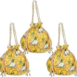kuber industries Potli|Silk Wedding Potli|Wallet Potli|Christmas Gift Potli|Baby Shower Potli|Traditional Shagun Potli|Drawstring with Beads Handle Potli|Cow-Design Patli Potli|Pack of 3|Yellow-picture-21
