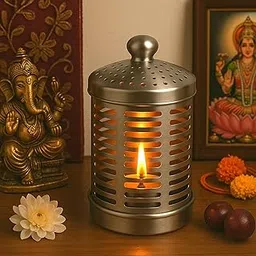Stainless Steel Akhand Diya Jyot for Puja Home | Rust Proof Long Burning Diya with Cover Lid | Oil Diya Stand for Pooja Temple Spiritual Home (Silver)-image-82