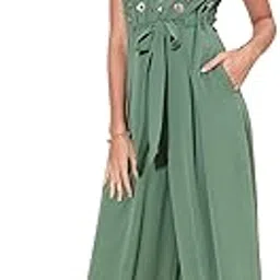 miss chase Women's Light Green Round Neck Tulip Sleeve Embroidered Pleated Regular Jumpsuit image 1