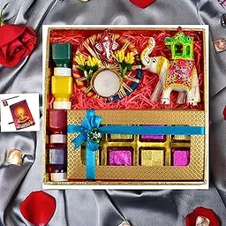 Diwali gift box/diwali gift hamper/diwali chocolate box-Decorated tray+elephant showpiece+8pc chocolate box+rangoli colours+greeting card-picture-48