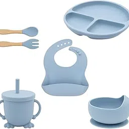 Niloni Baby Feeding Set, Complete 6-Piece Baby Led Weaning Set | Baby Feeding Product,Suction Plate, Bowl,Cup, Spoon, Fork and Bib for Baby,Silicon Spoon for Baby Feeding (Blue)-picture-57