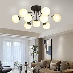 Prop It Up Modern Globe Chandelier Ceiling Light, 9 Frosted Glass Shades, Black Metal Frame, Semi-Flush Mount, Without Bulb-image-17
