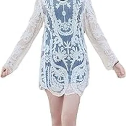 sannidhi Women's Lace Beach Cover Up Embroidered Swimsuit Coverups Full Sleeve Boho Sheer Bathing Suit Swim Dress for or Poolside, Seaside and Party, Beige-picture-23