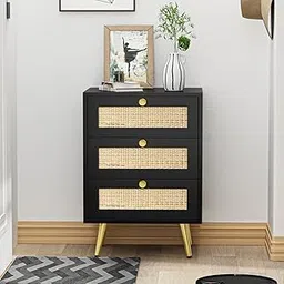 goldveiw Furniture Modern 3-Drawer Chest, Black with Natural Rattan Panels, Gold Metal Legs, Bedroom Storage Cabinet (45D* 35W* 66H CM).-picture-27